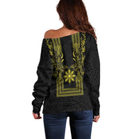 Philippines Barong Style Off Shoulder Sweater with Polynesian Art and Leaf Motif Black-Gold Color