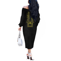 Philippines Barong Style Off The Shoulder Long Sleeve Dress with Polynesian Art and Leaf Motif Black-Gold Color