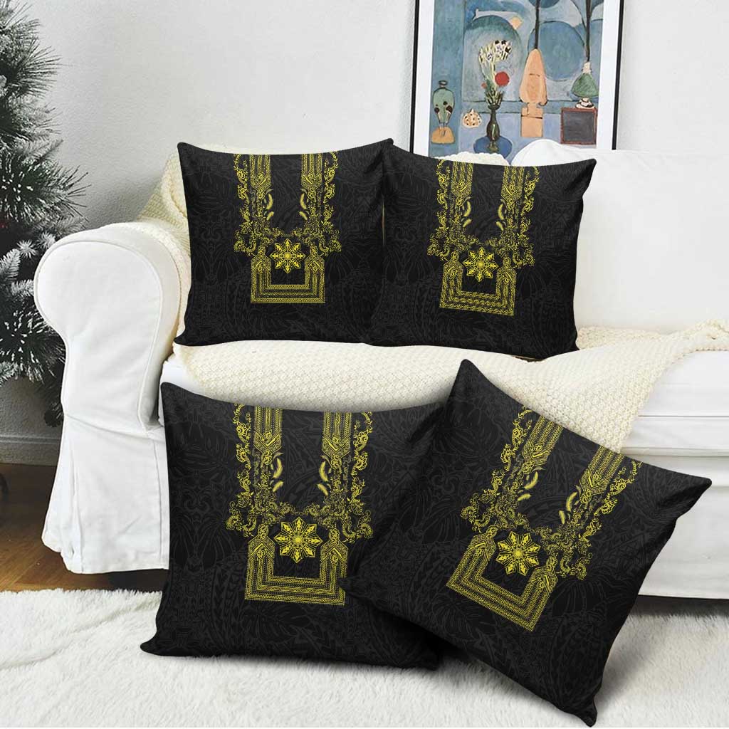 Philippines Barong Style Pillow Cover with Polynesian Art and Leaf Motif Black-Gold Color