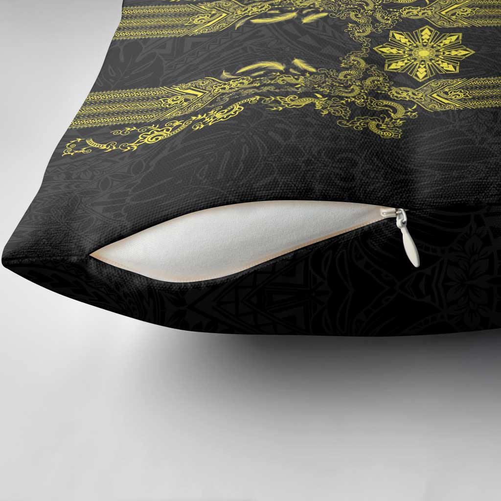Philippines Barong Style Pillow Cover with Polynesian Art and Leaf Motif Black-Gold Color