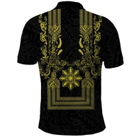 Philippines Barong Style Polo Shirt with Polynesian Art and Leaf Motif Black-Gold Color