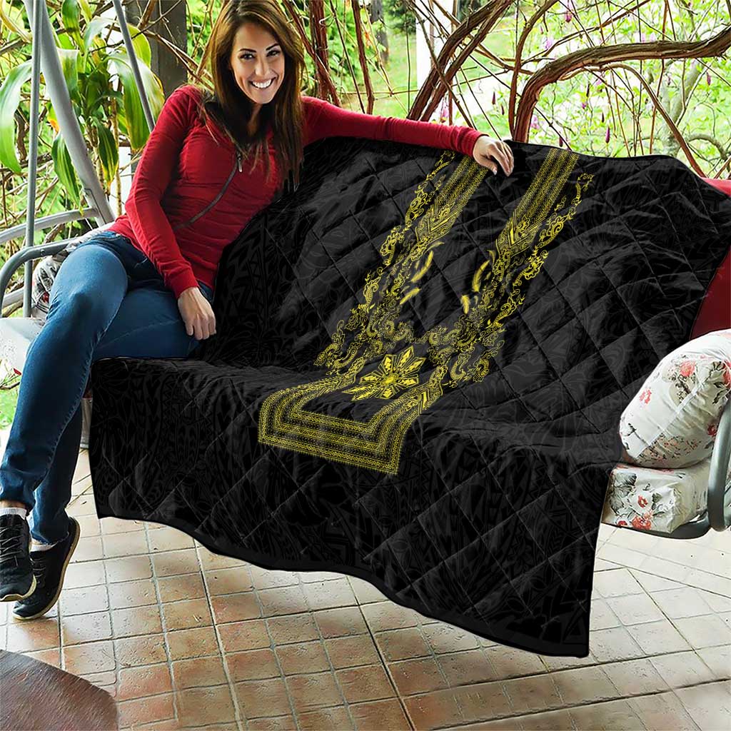 Philippines Barong Style Quilt with Polynesian Art and Leaf Motif Black-Gold Color