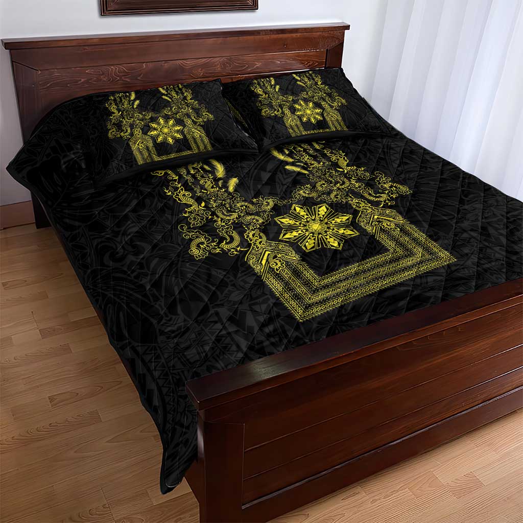 Philippines Barong Style Quilt Bed Set with Polynesian Art and Leaf Motif Black-Gold Color