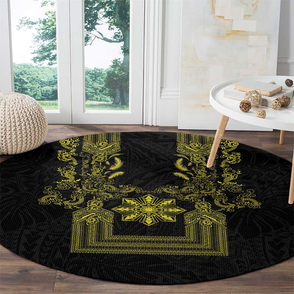 Philippines Barong Style Round Carpet with Polynesian Art and Leaf Motif Black-Gold Color
