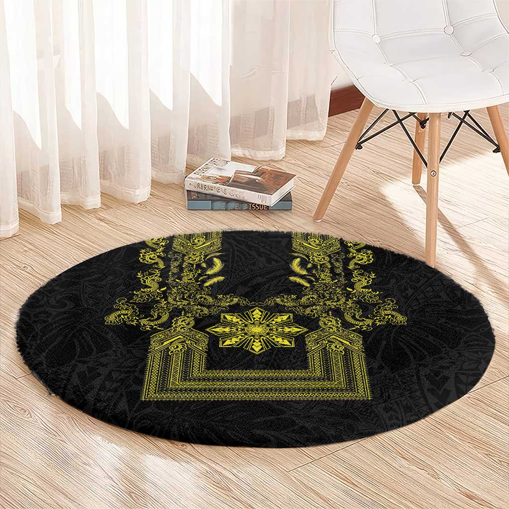 Philippines Barong Style Round Carpet with Polynesian Art and Leaf Motif Black-Gold Color