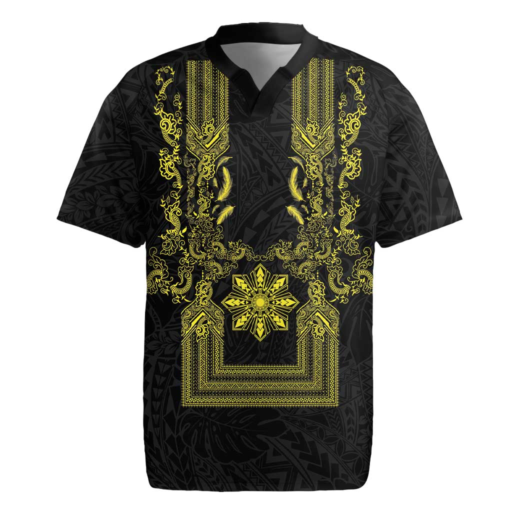 Philippines Barong Style Rugby Jersey with Polynesian Art and Leaf Motif Black-Gold Color