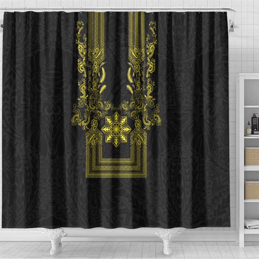 Philippines Barong Style Shower Curtain with Polynesian Art and Leaf Motif Black-Gold Color