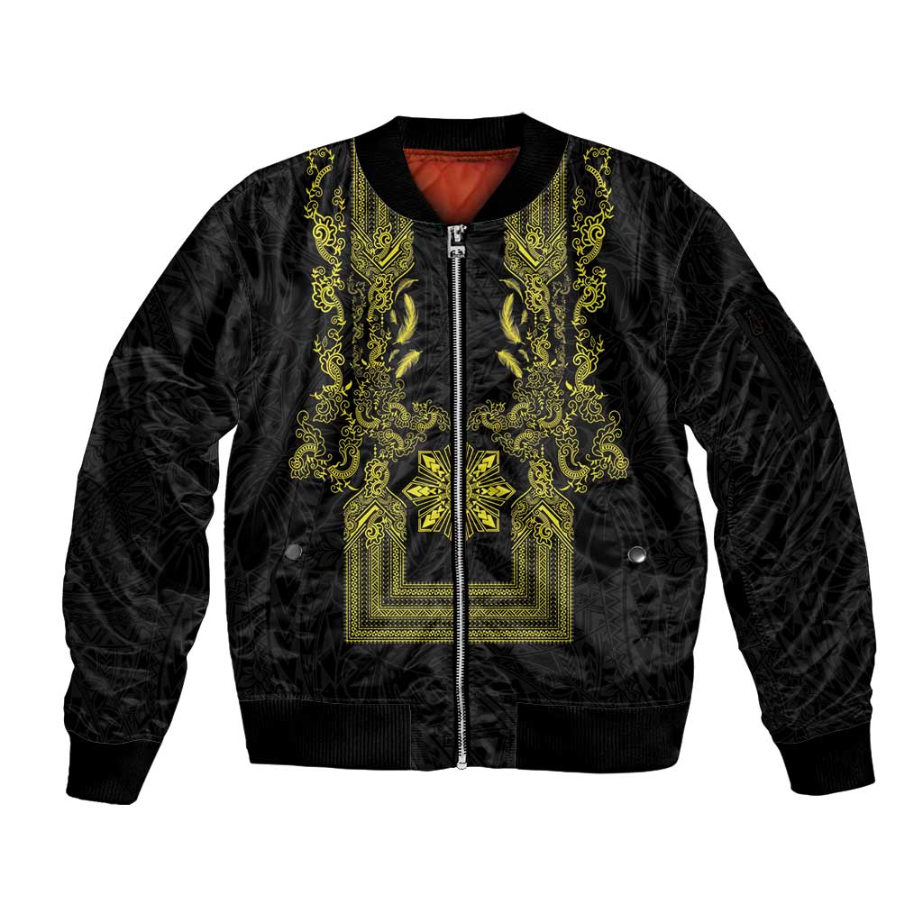 Philippines Barong Style Sleeve Zip Bomber Jacket with Polynesian Art and Leaf Motif Black-Gold Color