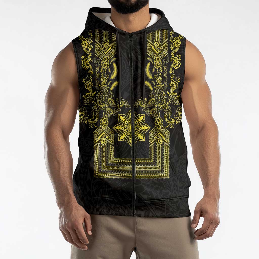 Philippines Barong Style Sleeveless Zip Hoodie with Polynesian Art and Leaf Motif Black-Gold Color