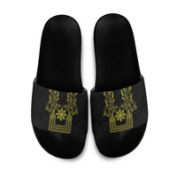 Philippines Barong Style Slide Sandals with Polynesian Art and Leaf Motif Black-Gold Color