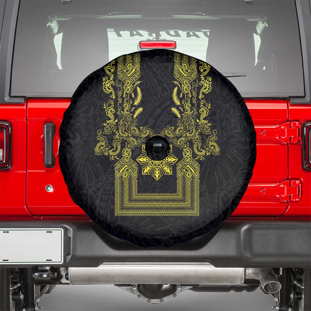 Philippines Barong Style Spare Tire Cover with Polynesian Art and Leaf Motif Black-Gold Color