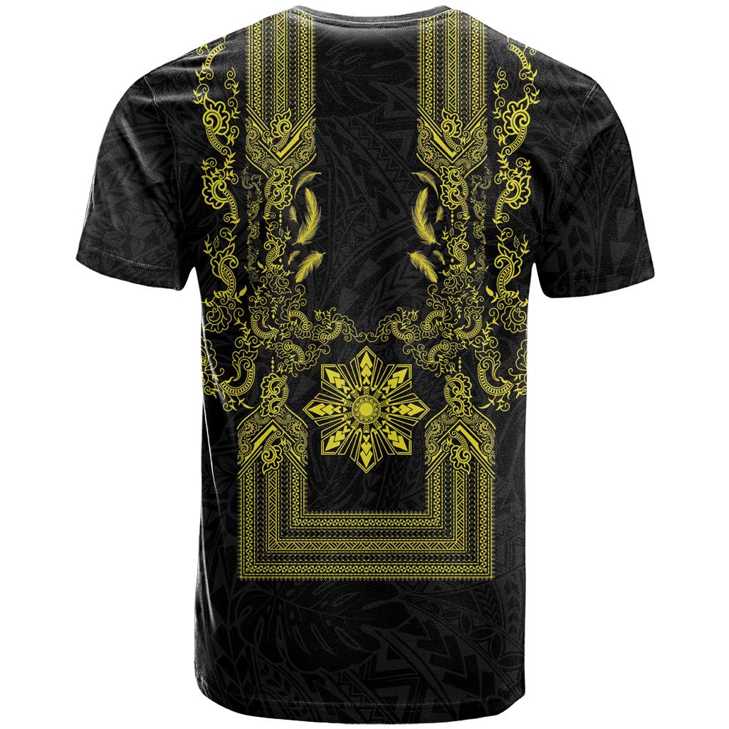 Philippines Barong Style T Shirt with Polynesian Art and Leaf Motif Black-Gold Color