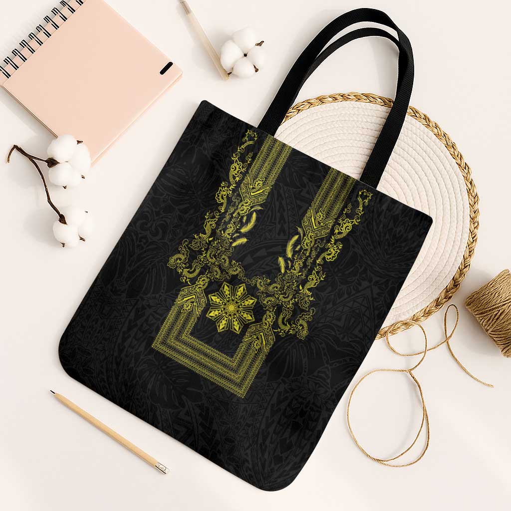 Philippines Barong Style Tote Bag with Polynesian Art and Leaf Motif Black-Gold Color