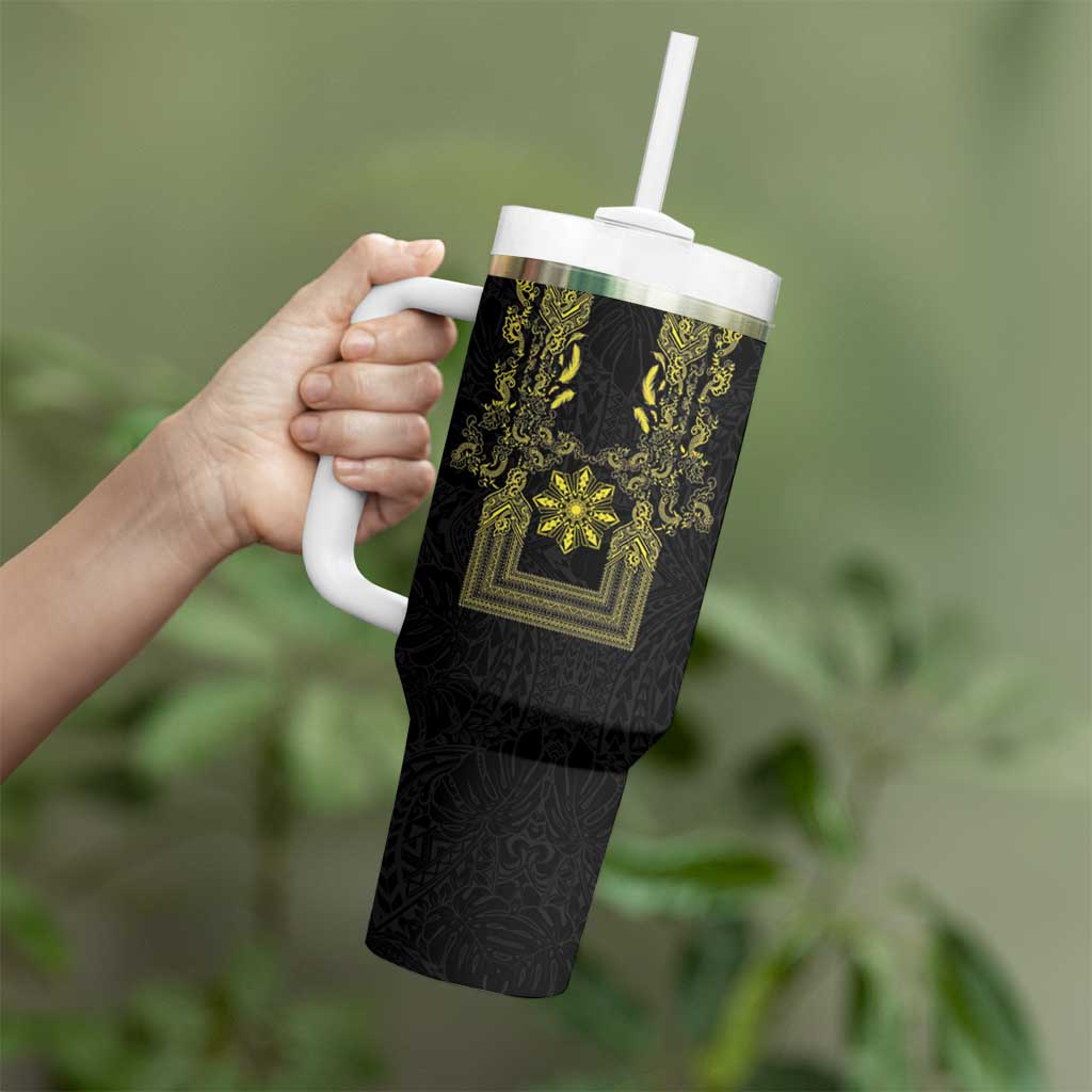 Philippines Barong Style Tumbler With Handle with Polynesian Art and Leaf Motif Black-Gold Color