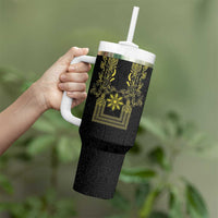 Philippines Barong Style Tumbler With Handle with Polynesian Art and Leaf Motif Black-Gold Color