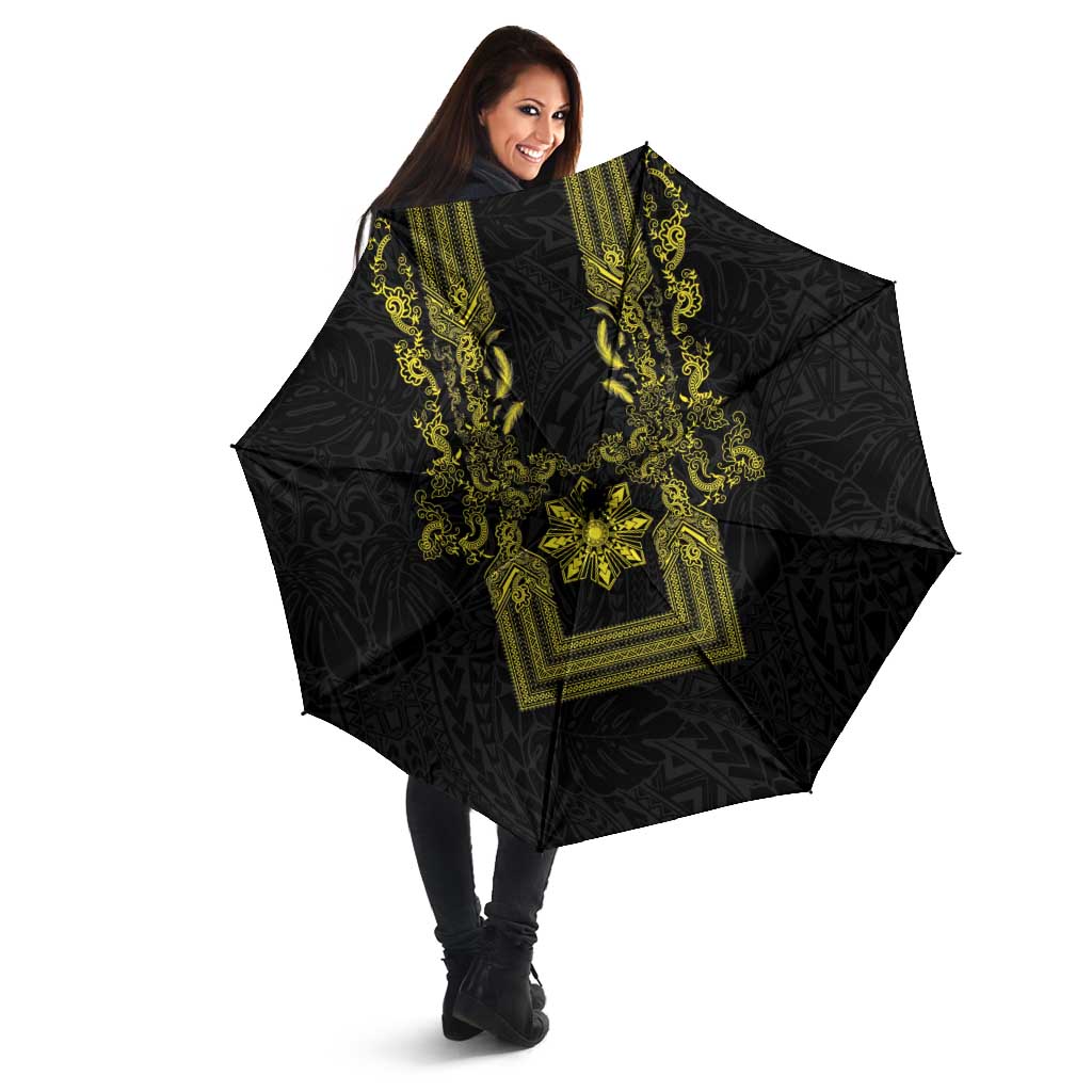Philippines Barong Style Umbrella with Polynesian Art and Leaf Motif Black-Gold Color
