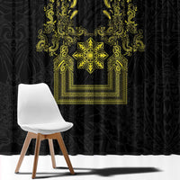Philippines Barong Style Window Curtain with Polynesian Art and Leaf Motif Black-Gold Color