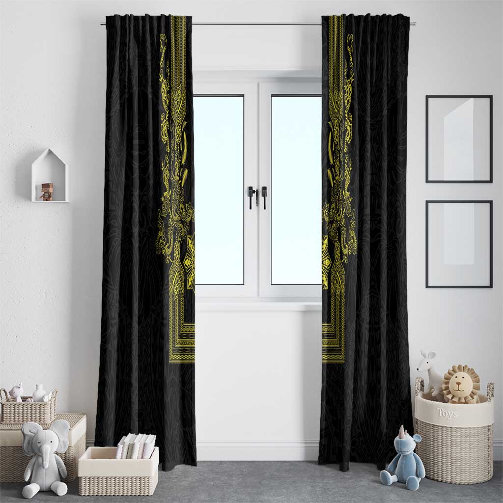 Philippines Barong Style Window Curtain with Polynesian Art and Leaf Motif Black-Gold Color