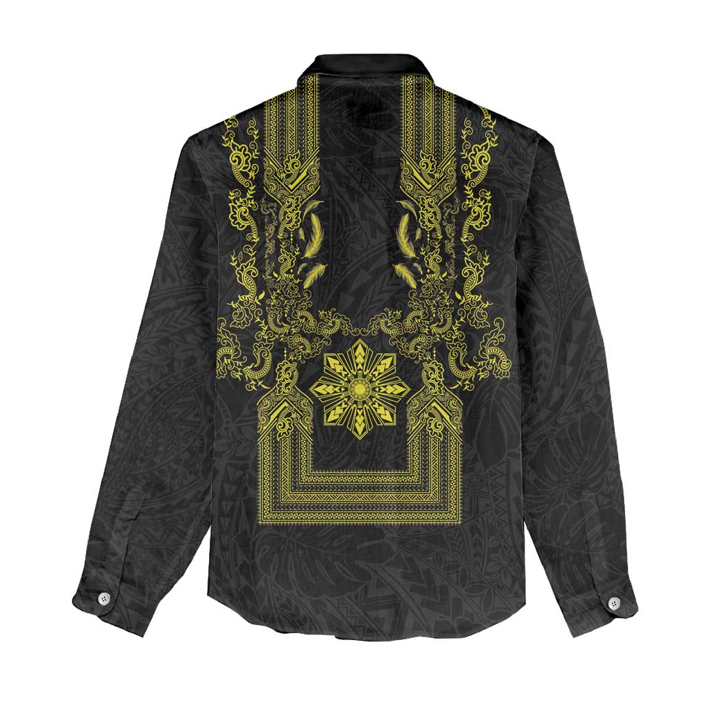 Philippines Barong Style Women Casual Shirt with Polynesian Art and Leaf Motif Black-Gold Color