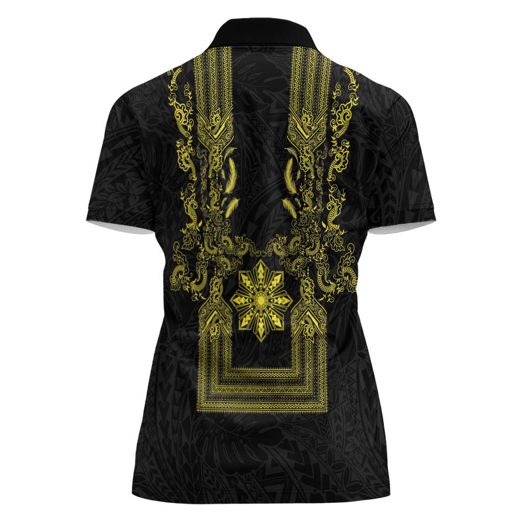 Philippines Barong Style Women Polo Shirt with Polynesian Art and Leaf Motif Black-Gold Color