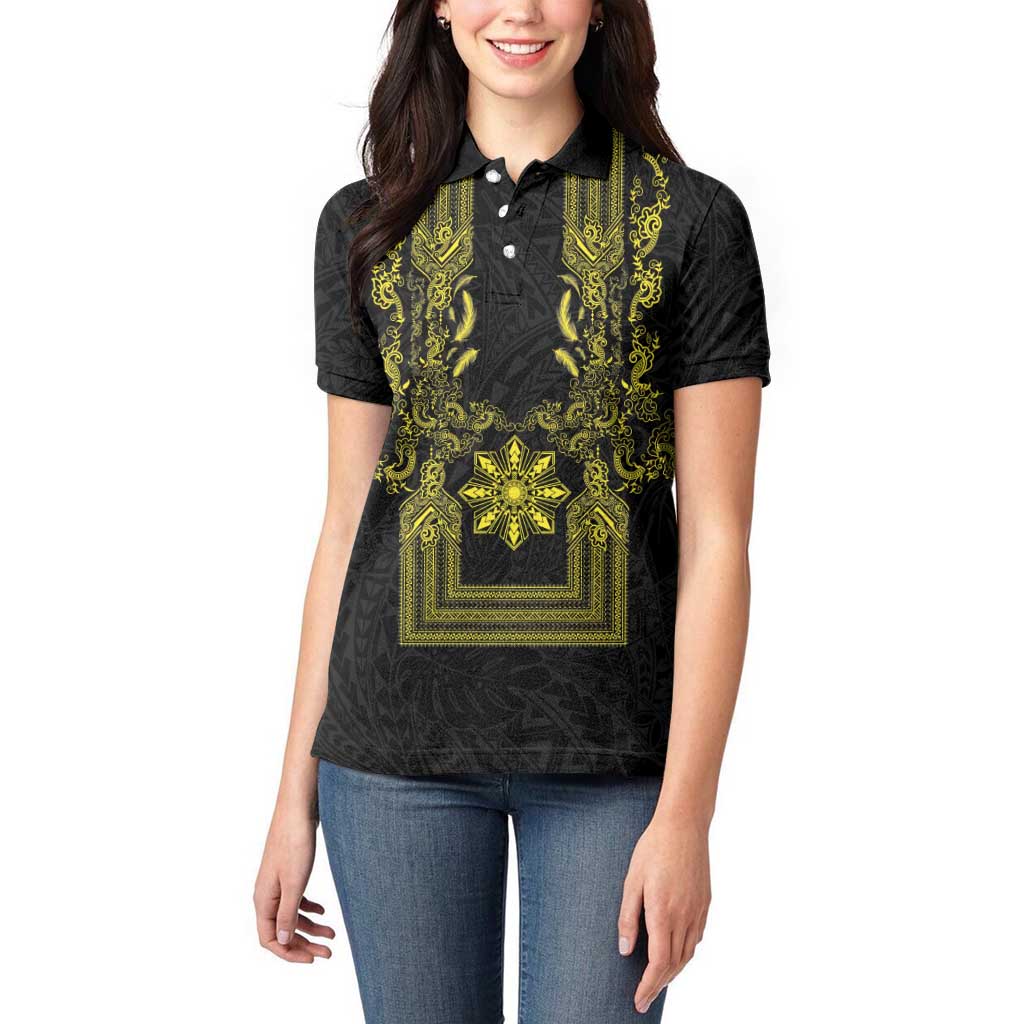 Philippines Barong Style Women Polo Shirt with Polynesian Art and Leaf Motif Black-Gold Color