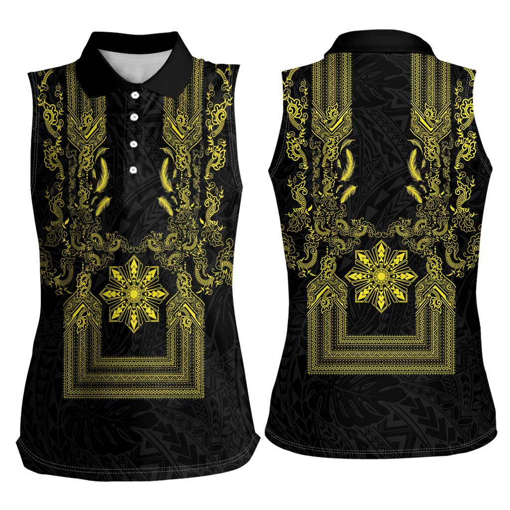 Philippines Barong Style Women Sleeveless Polo Shirt with Polynesian Art and Leaf Motif Black-Gold Color