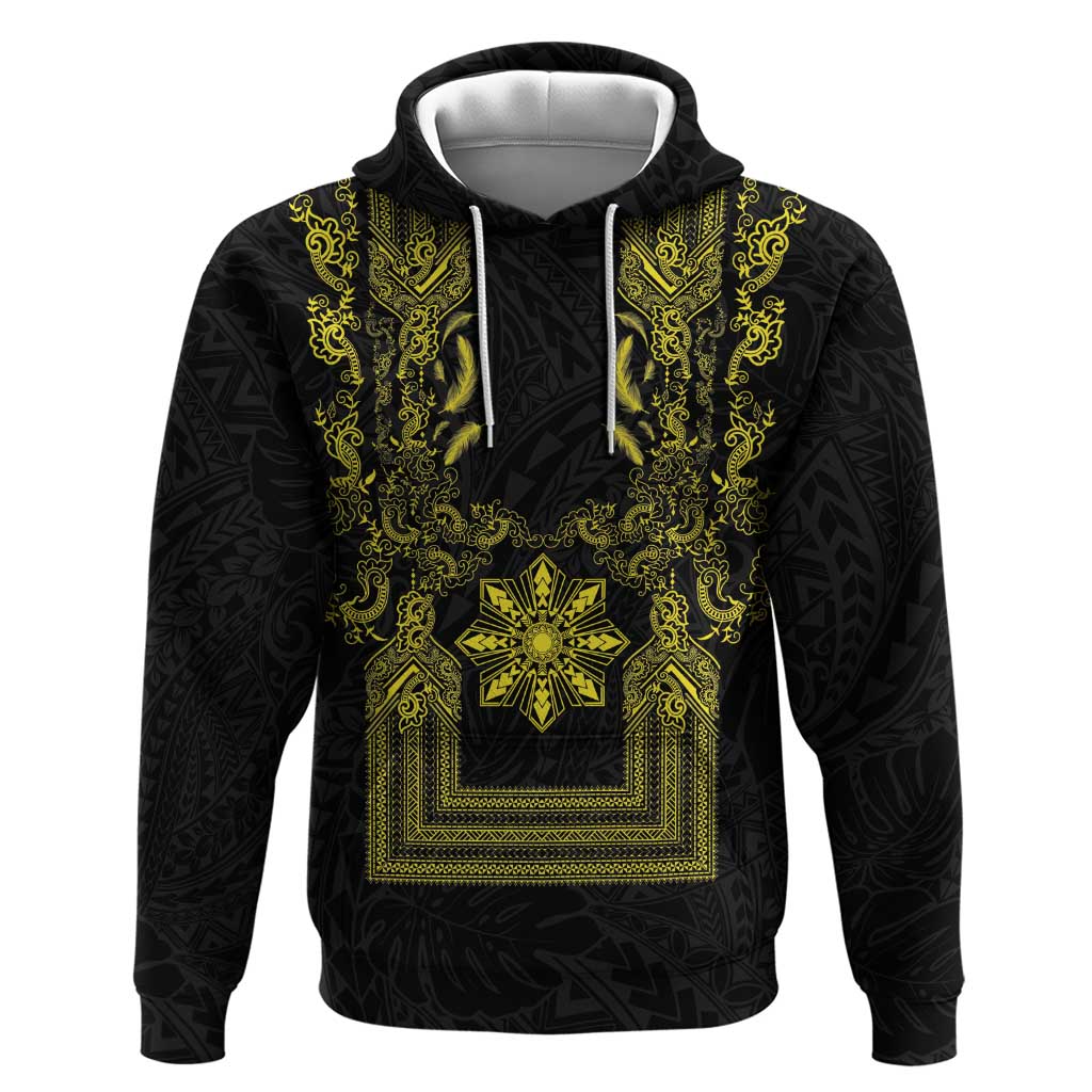 Philippines Barong Style Zip Hoodie with Polynesian Art and Leaf Motif Black-Gold Color