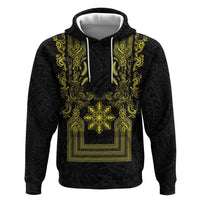 Philippines Barong Style Zip Hoodie with Polynesian Art and Leaf Motif Black-Gold Color