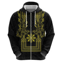 Philippines Barong Style Zip Hoodie with Polynesian Art and Leaf Motif Black-Gold Color