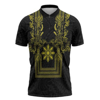 Philippines Barong Style Zipper Polo Shirt with Polynesian Art and Leaf Motif Black-Gold Color
