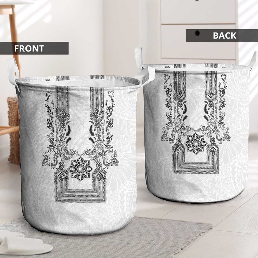 Philippines Barong Style Laundry Basket with Polynesian Art and Leaf Motif Black-White Color