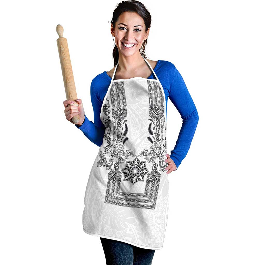 Philippines Barong Style Apron with Polynesian Art and Leaf Motif Black-White Color