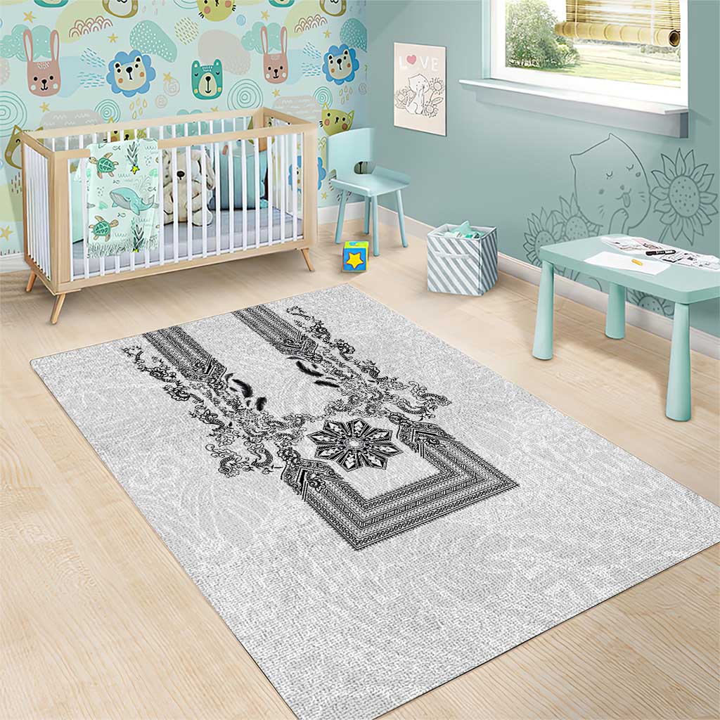 Philippines Barong Style Area Rug with Polynesian Art and Leaf Motif Black-White Color