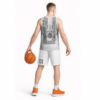 Philippines Barong Style Basketball Jersey with Polynesian Art and Leaf Motif Black-White Color