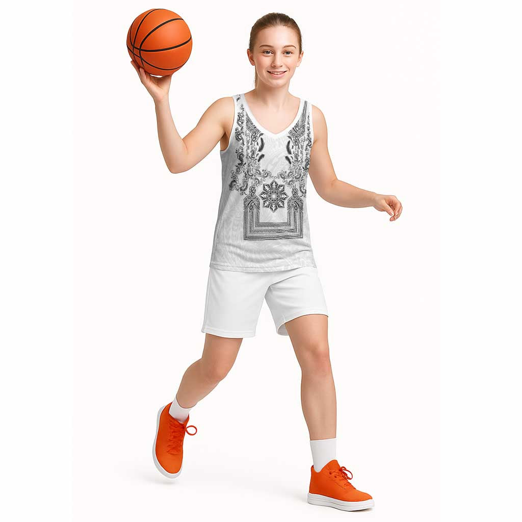 Philippines Barong Style Basketball Jersey with Polynesian Art and Leaf Motif Black-White Color