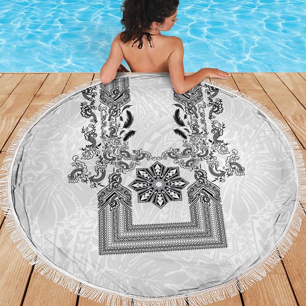 Philippines Barong Style Beach Blanket with Polynesian Art and Leaf Motif Black-White Color