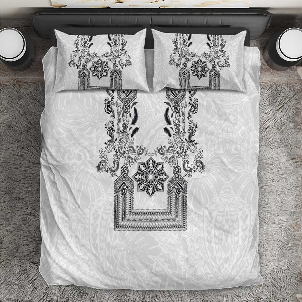 Philippines Barong Style Bedding Set with Polynesian Art and Leaf Motif Black-White Color