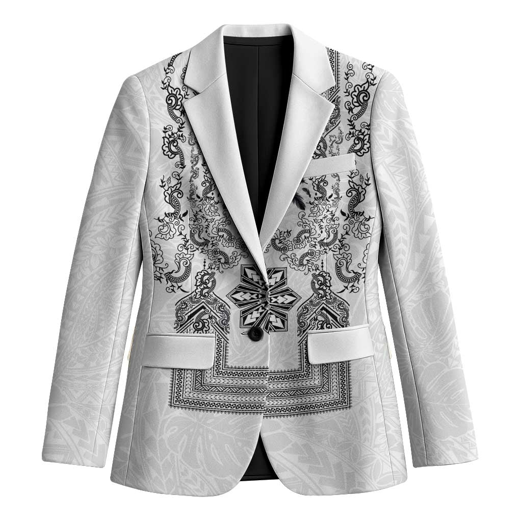 Philippines Barong Style Blazer with Polynesian Art and Leaf Motif Black-White Color