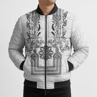 Philippines Barong Style Bomber Puffer Jacket with Polynesian Art and Leaf Motif Black-White Color