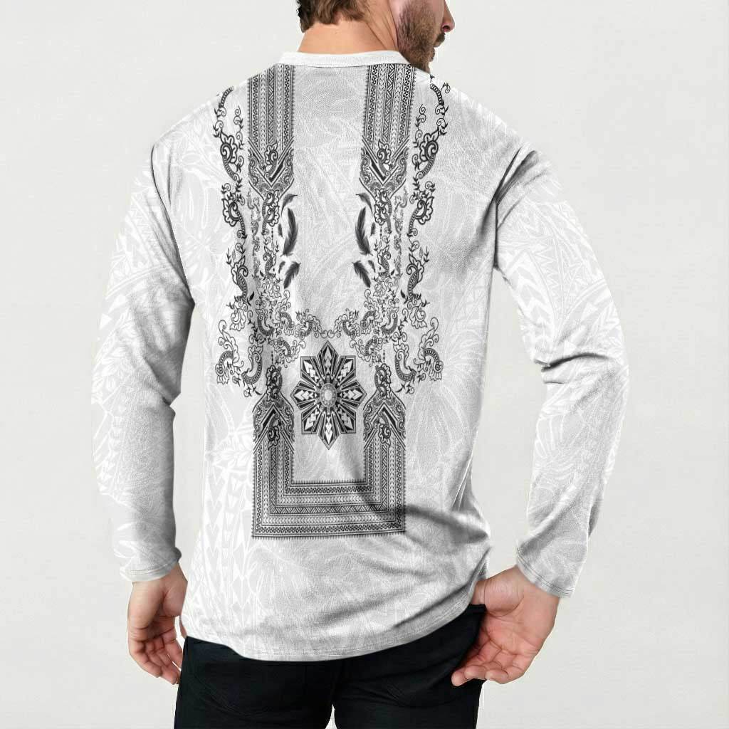Philippines Barong Style Button Sweatshirt with Polynesian Art and Leaf Motif Black-White Color