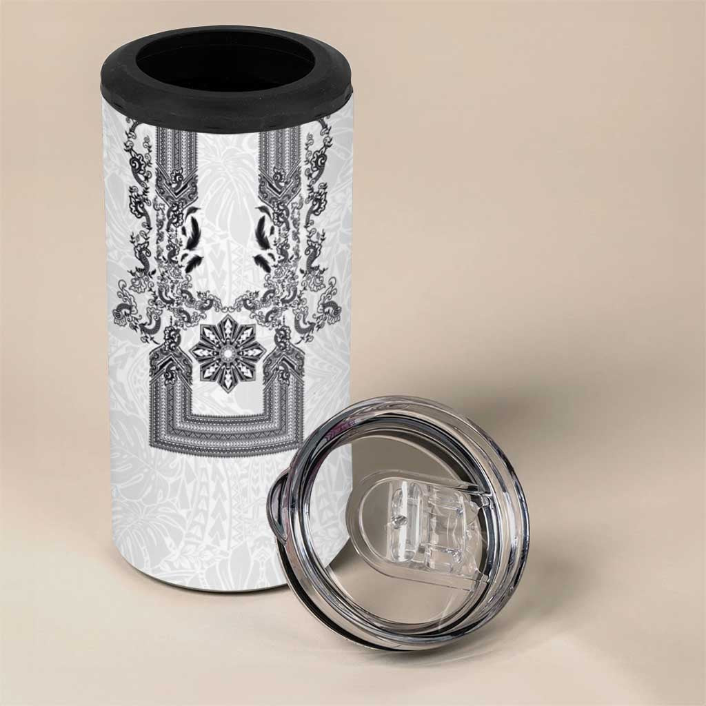 Philippines Barong Style 4 in 1 Can Cooler Tumbler with Polynesian Art and Leaf Motif Black-White Color