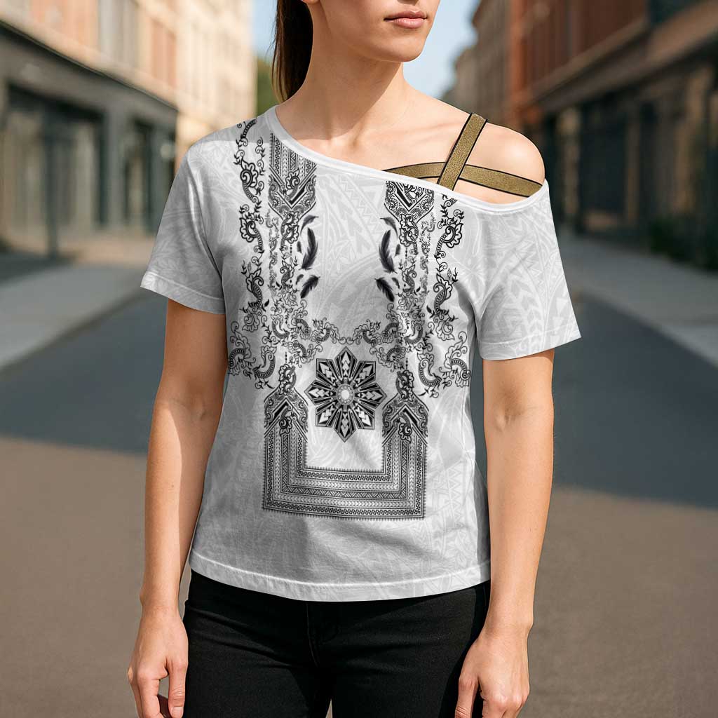 Philippines Barong Style Cross Shoulder Shirt with Polynesian Art and Leaf Motif Black-White Color