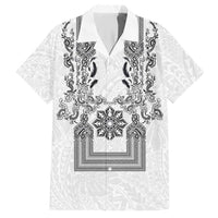 Philippines Barong Style Hawaiian Shirt with Polynesian Art and Leaf Motif Black-White Color