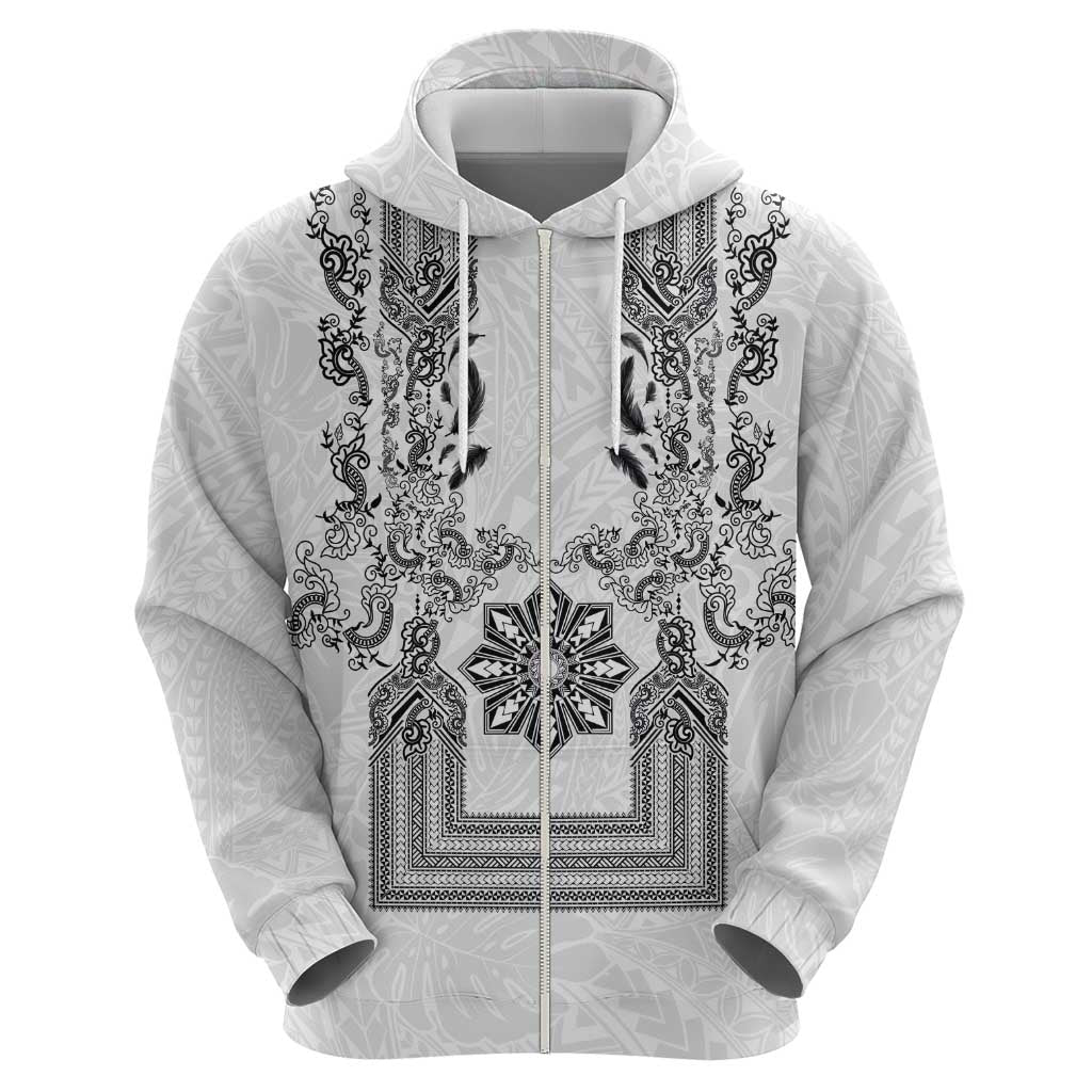 Philippines Barong Style Hoodie with Polynesian Art and Leaf Motif Black-White Color