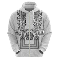 Philippines Barong Style Hoodie with Polynesian Art and Leaf Motif Black-White Color