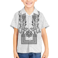 Philippines Barong Style Kid Hawaiian Shirt with Polynesian Art and Leaf Motif Black-White Color