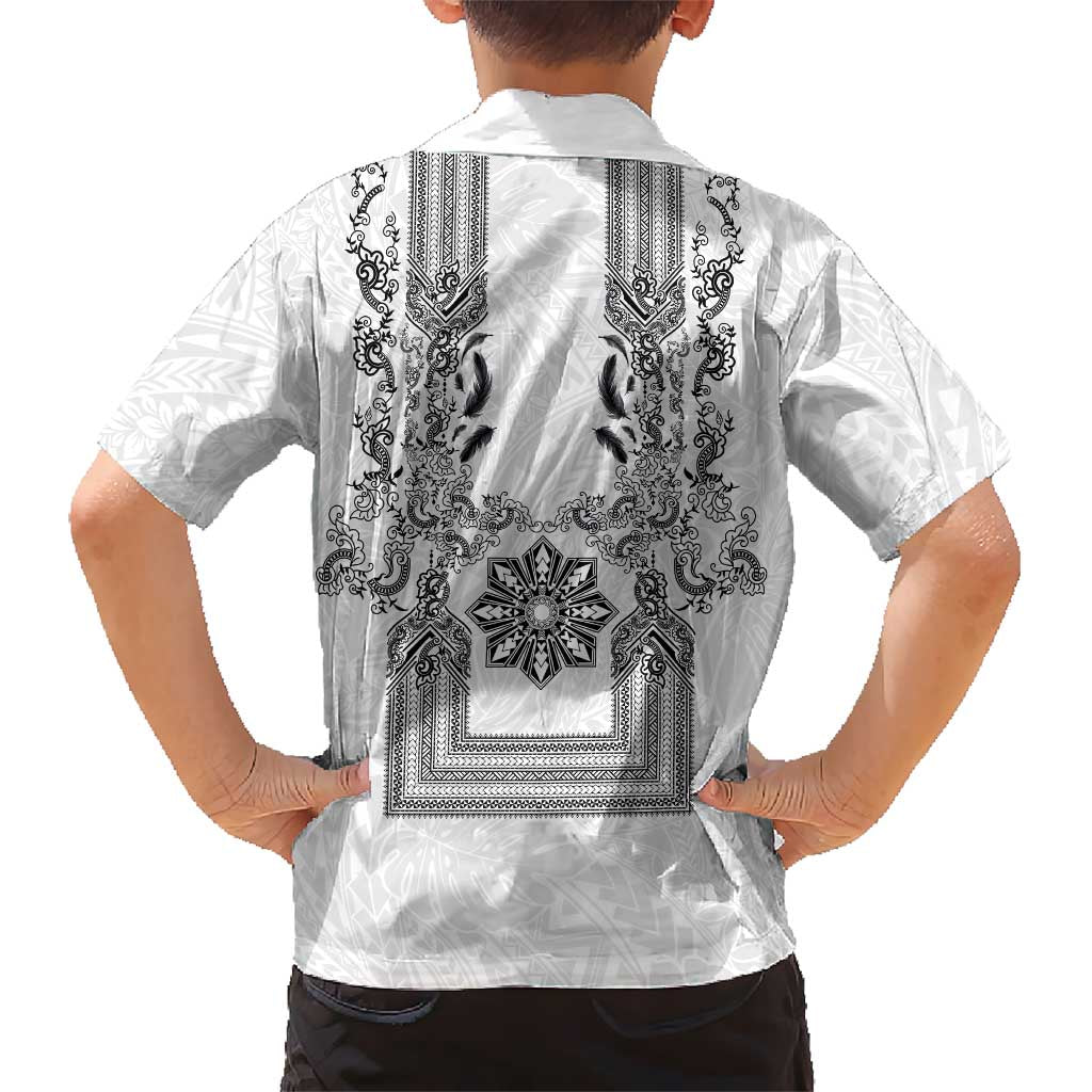 Philippines Barong Style Kid Hawaiian Shirt with Polynesian Art and Leaf Motif Black-White Color
