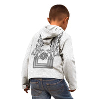 Philippines Barong Style Kid Hoodie with Polynesian Art and Leaf Motif Black-White Color