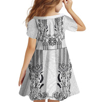 Philippines Barong Style Kid Short Sleeve Dress with Polynesian Art and Leaf Motif Black-White Color