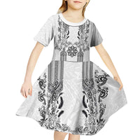 Philippines Barong Style Kid Short Sleeve Dress with Polynesian Art and Leaf Motif Black-White Color